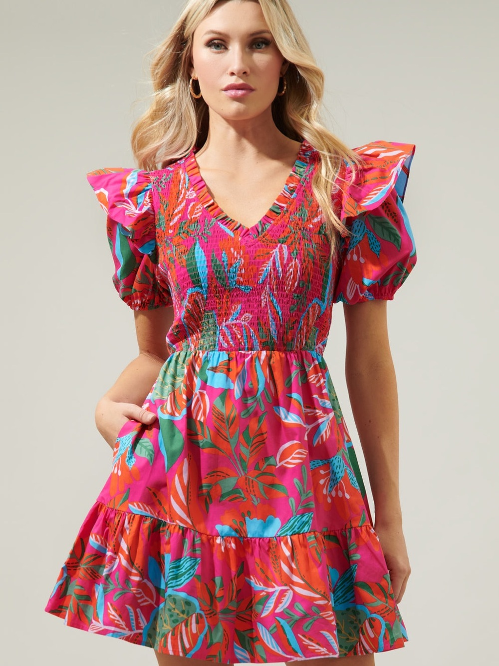 Sugarlips Pink Cactus Blossom Smocked V-Neck Mini Dress XS Nwt